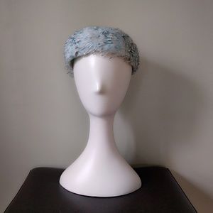 Vtg Sky Blue Sequin Pearl Flower Petal Pillbox Hat